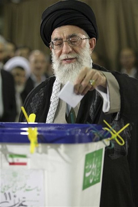 Iran's supreme leader Ayatollah Ali Khamenei casts his ballot for the presidential elections in Tehran, Iran, Friday June, 12, 2009.